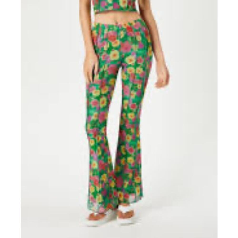 Forever 21 Mesh Green Floral Print Pant L Lined Casual Beach Coastal Boho Hippie - Picture 9 of 9